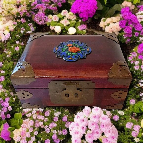 Vintage Cloisonne Wooden Jewelry Box Asian Brass Floral Rosewood Silk Lined - Picture 14 of 16